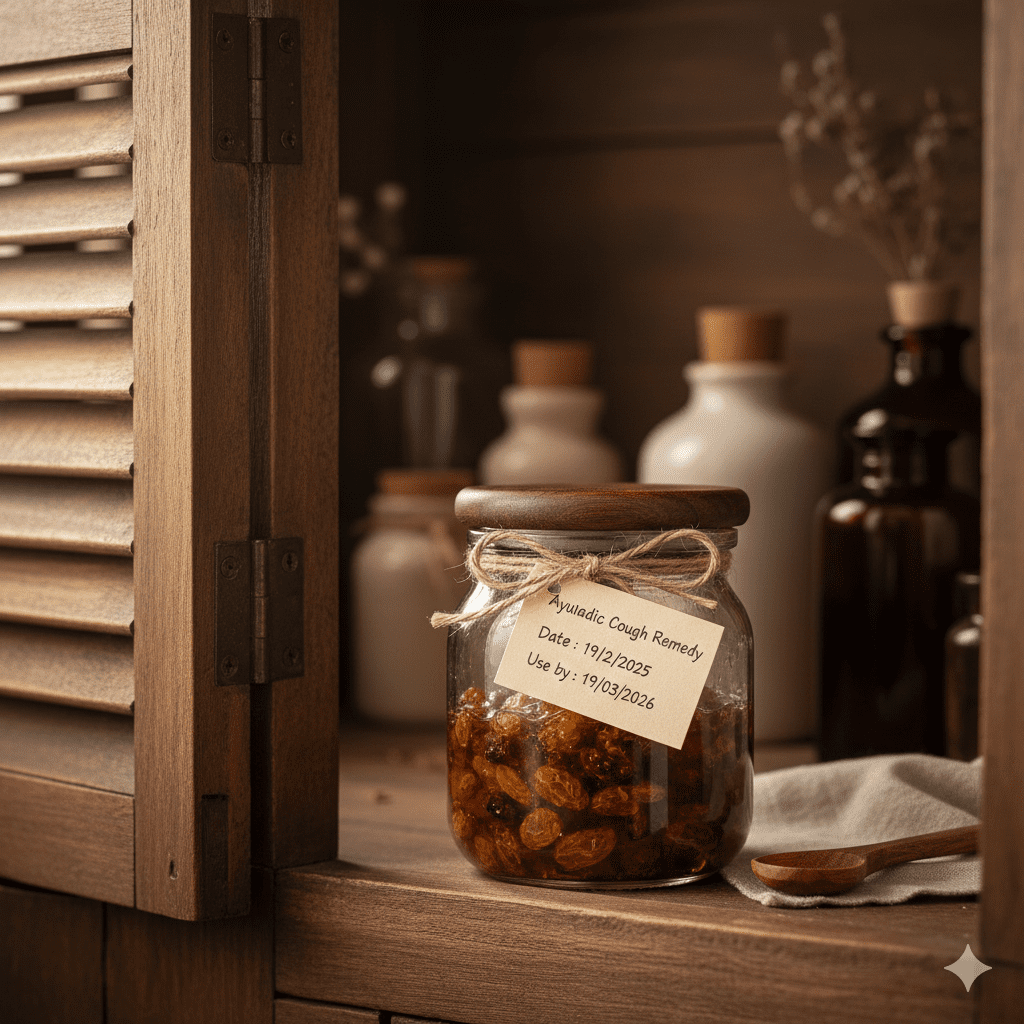 A small, airtight amber glass jar filled with honey-soaked herbal raisins sitting on a dark wooden shelf.