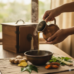 A close-up of traditional Ayurvedic preparation for Purva Karma, featuring medicated oils, herbal powders, and fresh ginger on a rustic cloth.