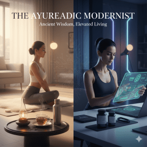 A sophisticated blend of ancient Vedic symbols and modern wellness elements, representing the Ayurvedic Modernist lifestyle.