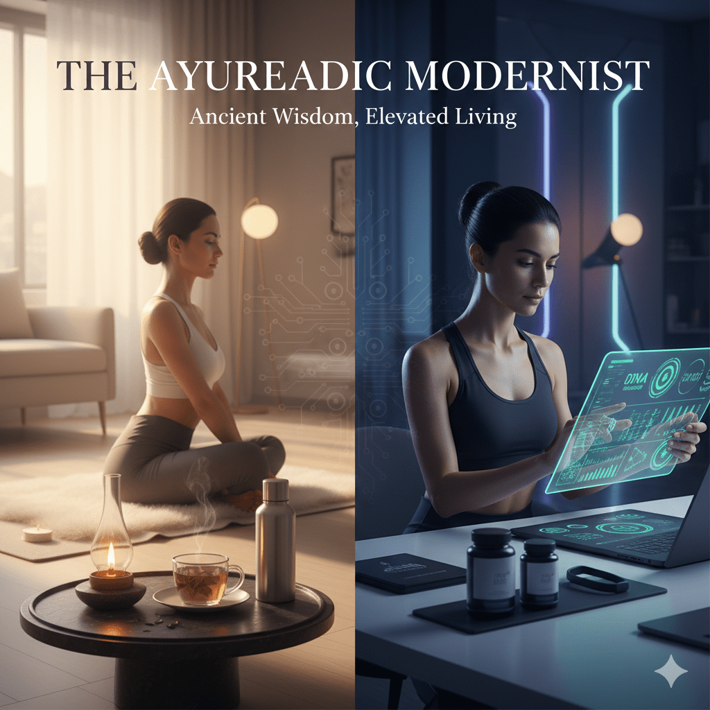 A sophisticated blend of ancient Vedic symbols and modern wellness elements, representing the Ayurvedic Modernist lifestyle.