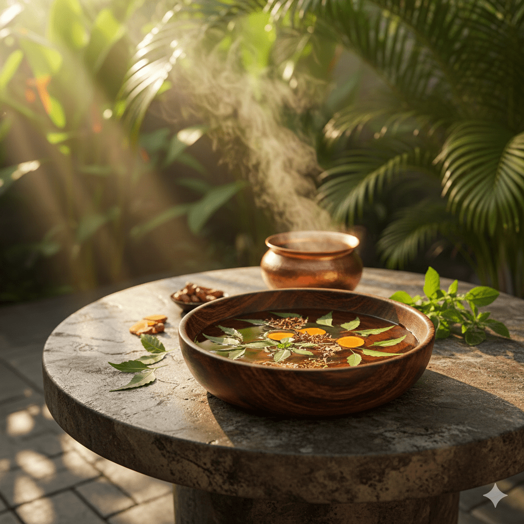 A wooden bowl of golden Ayurvedic oils and medicinal herbs on a stone table with steam rising in a tropical Balinese garden.