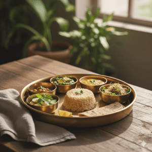 A traditional healthy Ayurvedic Thali with various vegetarian dishes for holistic nutrition