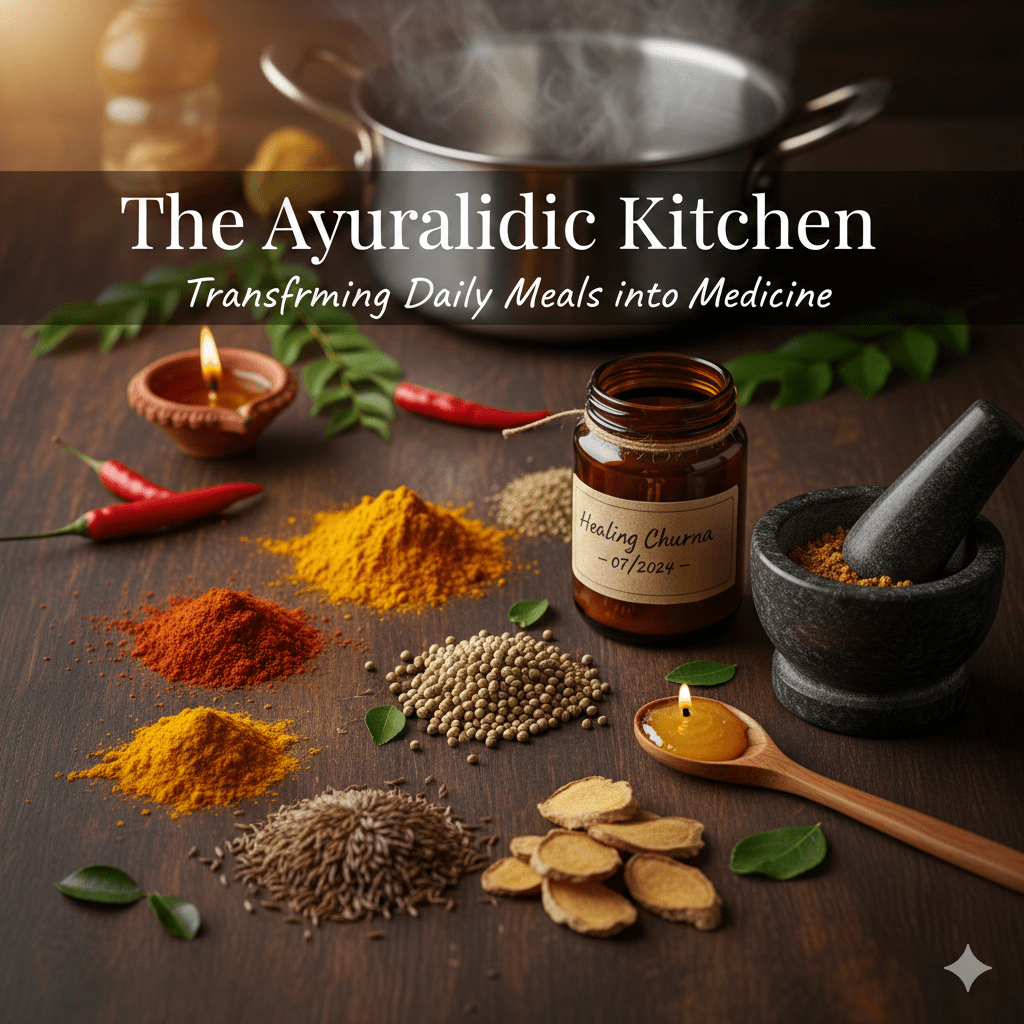 A collection of Ayurvedic kitchen spices like turmeric, cumin, and ginger arranged on a wooden table with a mortar and pestle for holistic cooking.