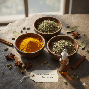 Ayurvedic herbs and spices in wooden bowls for holistic healing