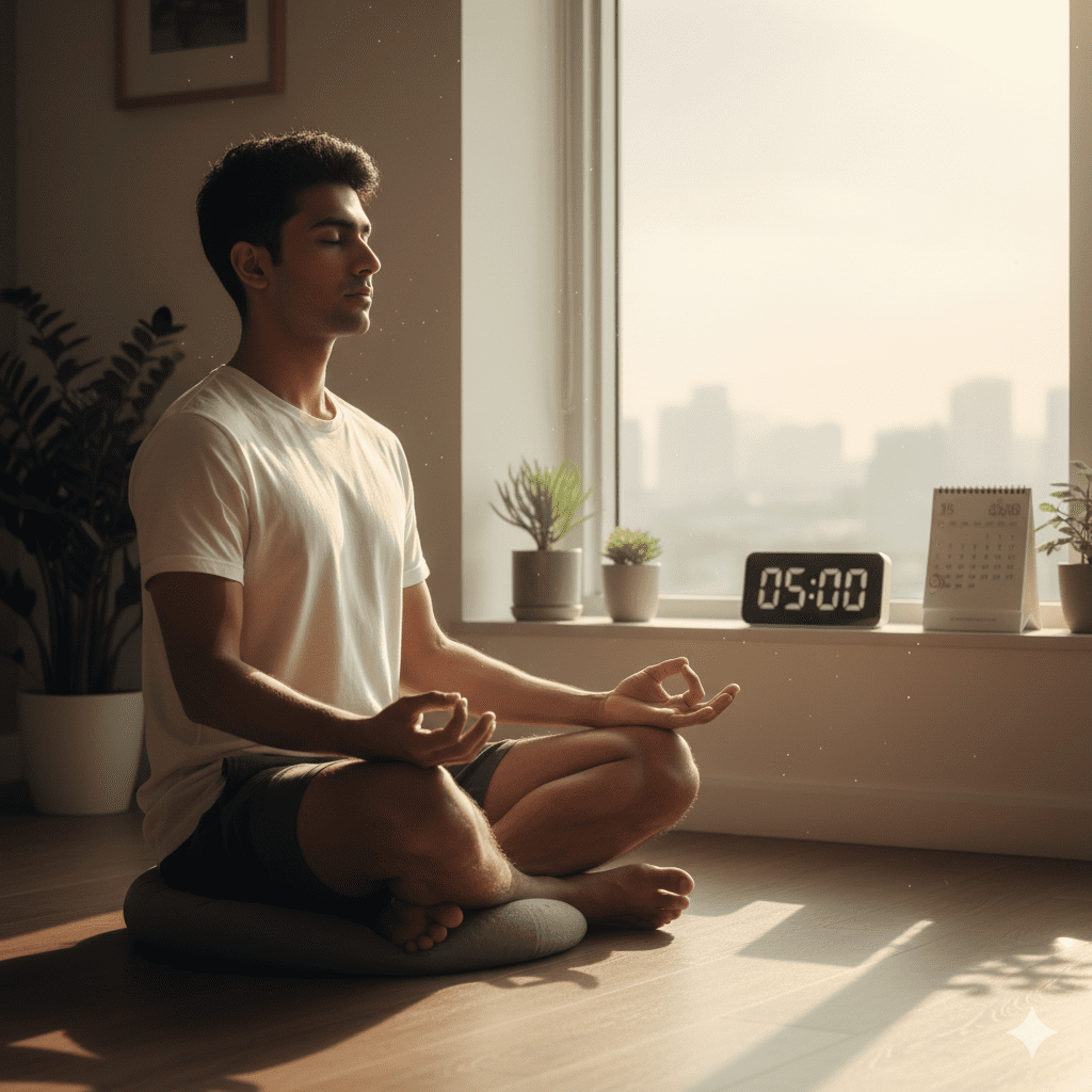 A simple, serene morning scene with a meditation cushion and a clock, representing a short daily practice.