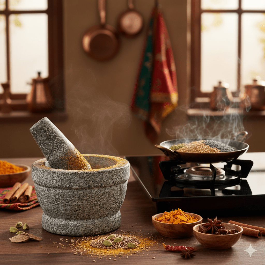 A close-up of a brass mortar and pestle grinding whole seeds and turmeric powder, demonstrating the traditional way to prepare Ayurvedic Kitchen Spices.