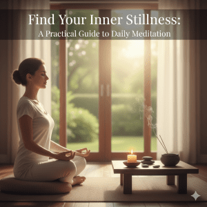 A serene meditation space featuring a comfortable cushion, a soft candle, and a peaceful atmosphere for finding inner stillness.