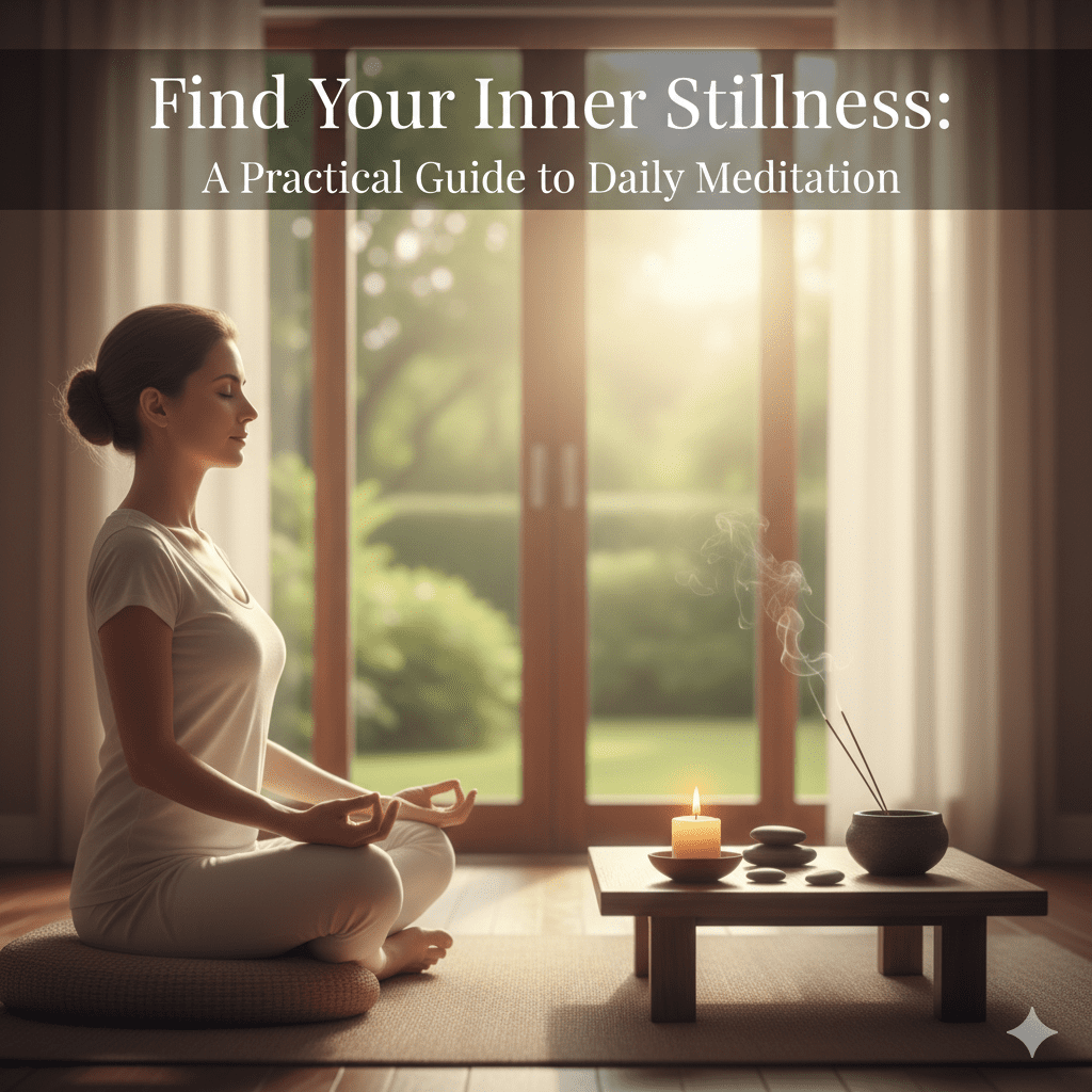 A serene meditation space featuring a comfortable cushion, a soft candle, and a peaceful atmosphere for finding inner stillness.