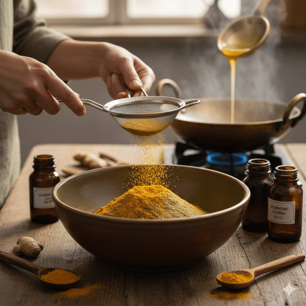 A golden blend of turmeric, cumin, coriander, ginger, and fennel powders being sifted.