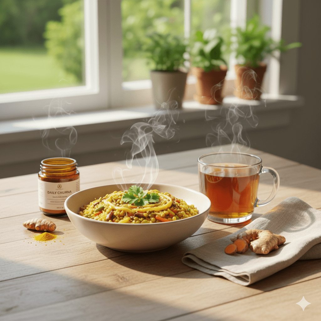 A vibrant, healthy Ayurvedic meal on a sunlit table next to a cup of herbal tea, symbolizing the metabolic health gained from Ayurvedic kitchen spices.