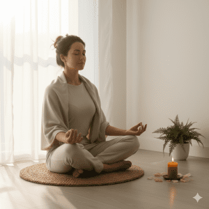 A floating lotus flower in a ceramic bowl with a lit candle for mental wellness