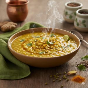 A steaming bowl of traditional yellow Mung Dhal Kichari prepared according to the Ayurvedic Mung Bean Protocol, served with fresh ginger, cilantro, and lime on a rustic wooden table.