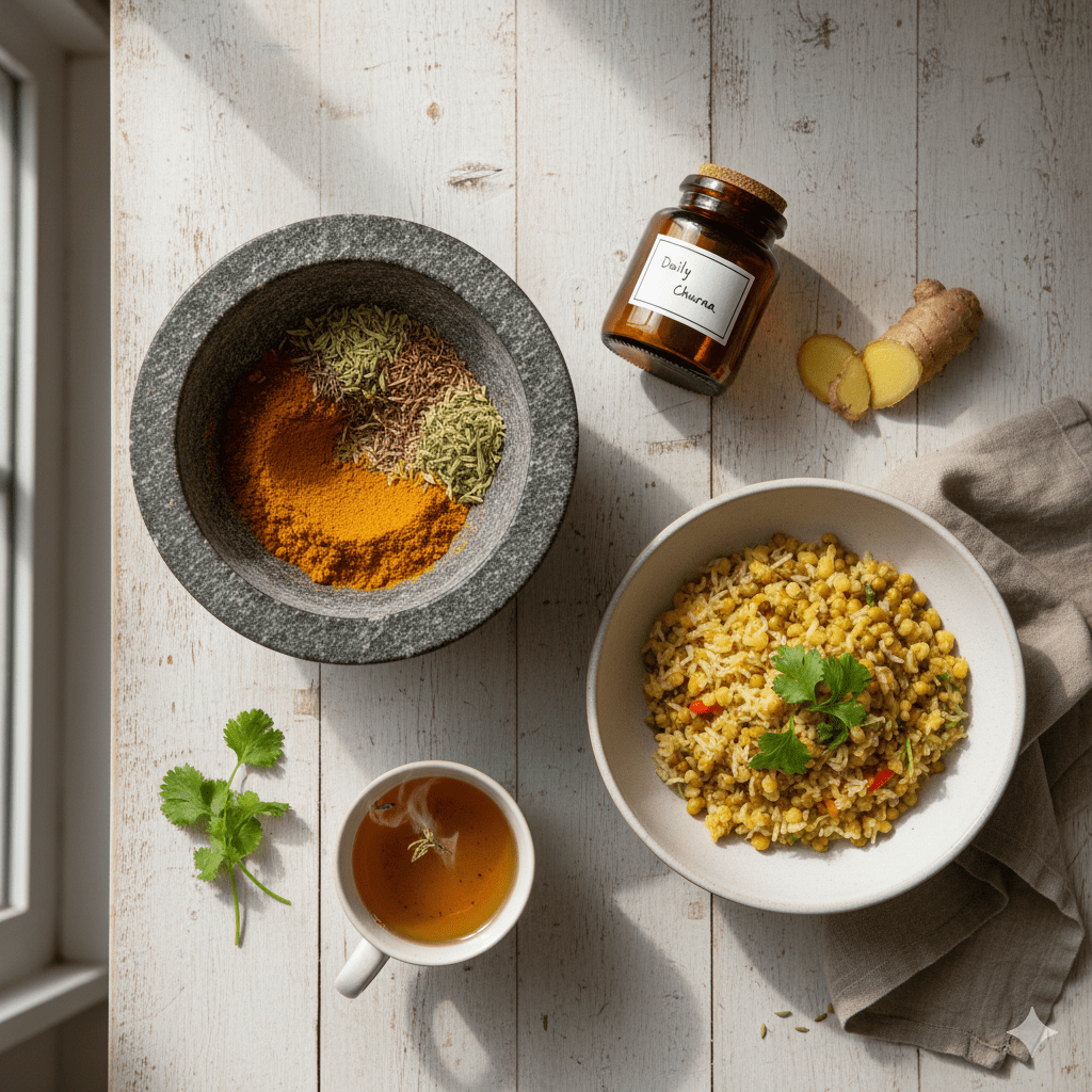 A top-down view of a complete Ayurvedic meal surrounded by jars of Ayurvedic Kitchen Spices and a stone mortar, representing total digestive balance.