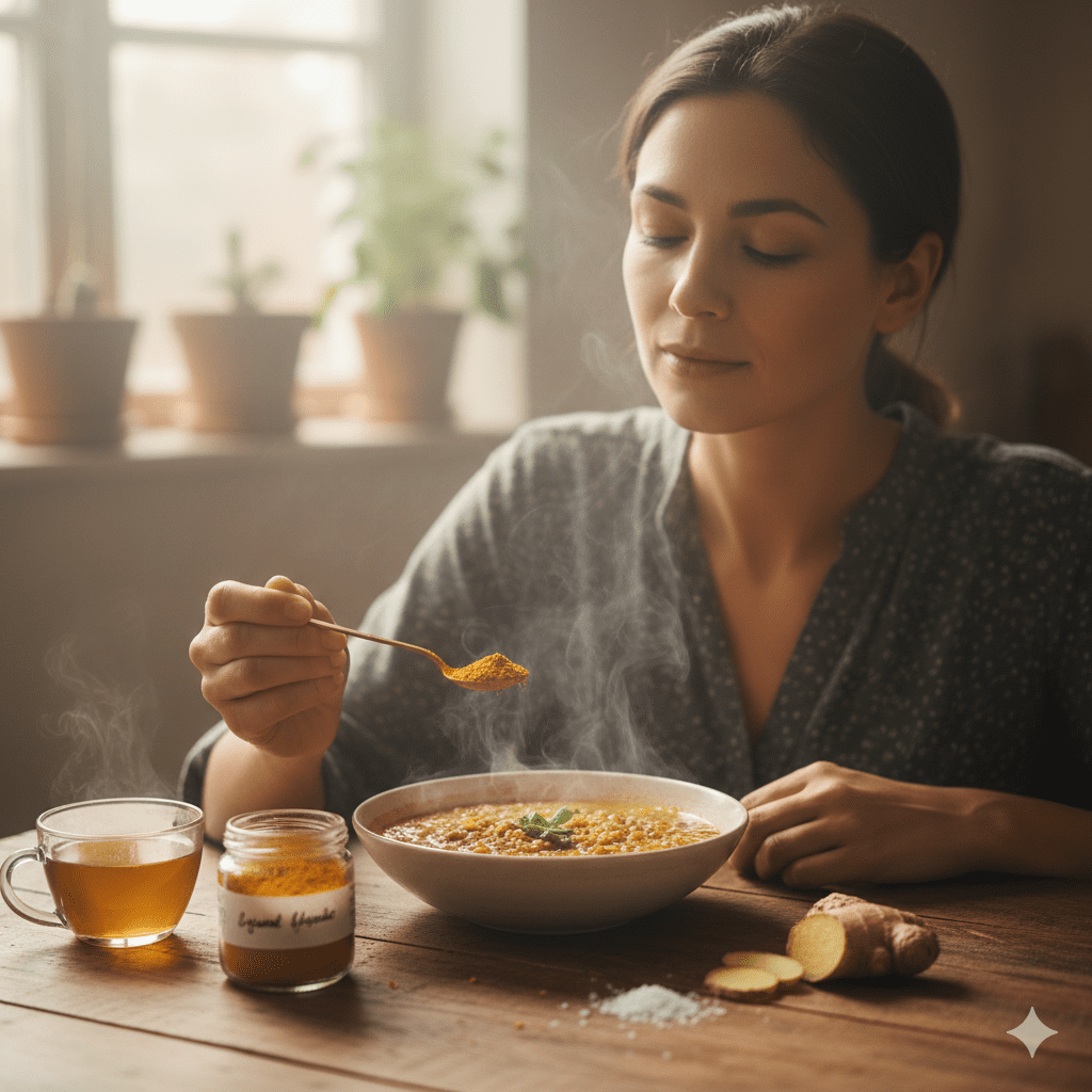 A pinch of fresh ginger and a warm infusion of fennel seeds served on a wooden tray.