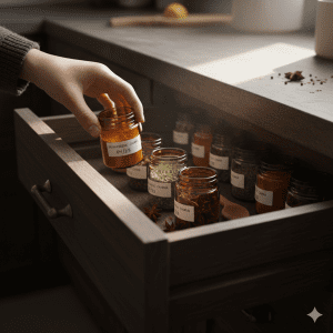 Labeled airtight glass jars kept in a dark cupboard to protect medicinal potency.