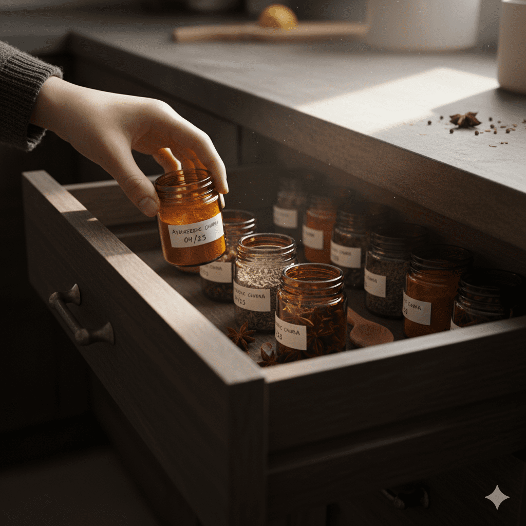 Labeled airtight glass jars kept in a dark cupboard to protect medicinal potency.