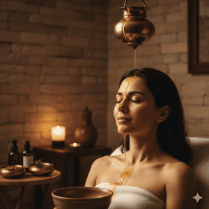 A copper Shirodhara vessel pouring golden oil for a traditional Ayurvedic treatment