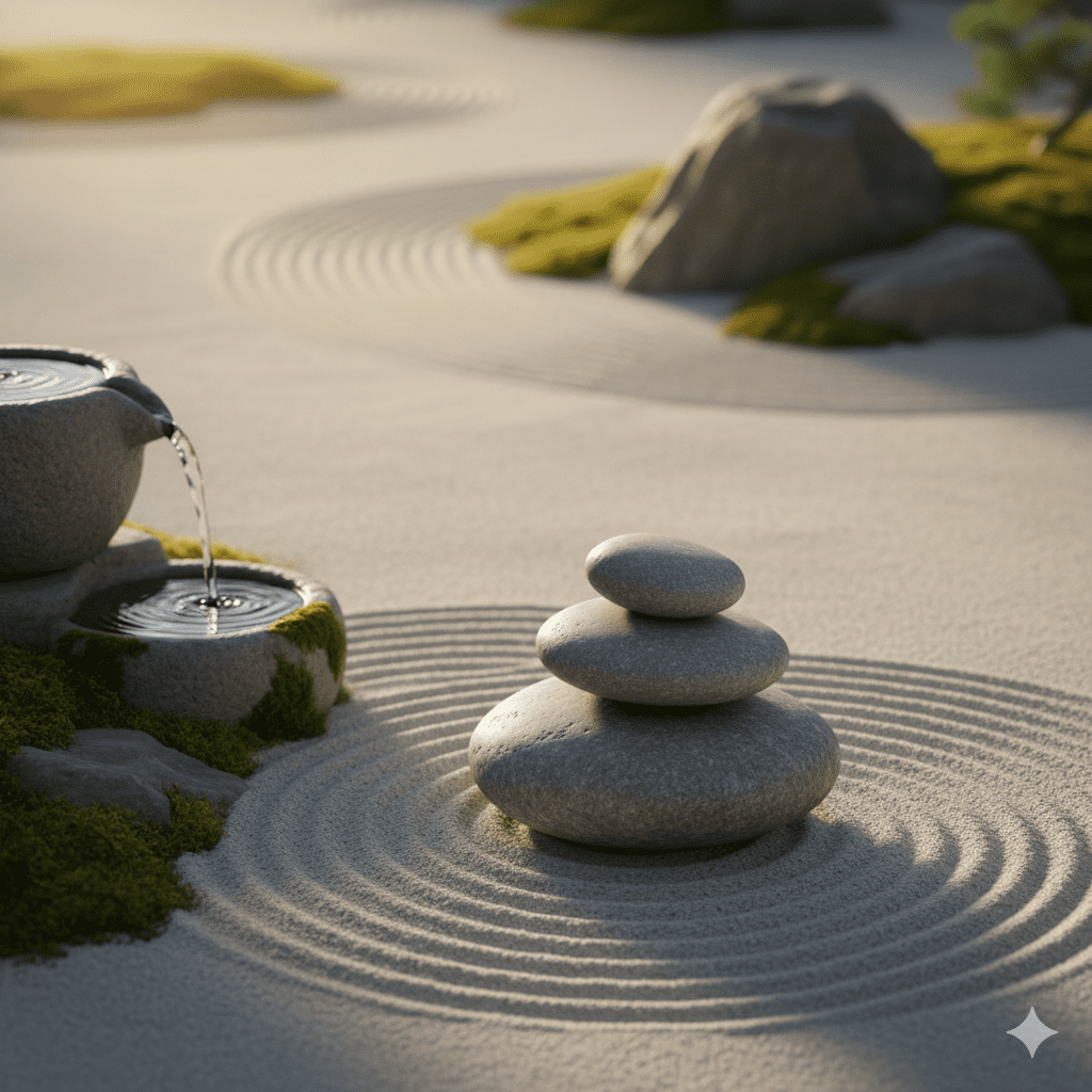 A serene Zen garden with carefully balanced stones near a calm water feature, representing the result of a consistent meditation practice.