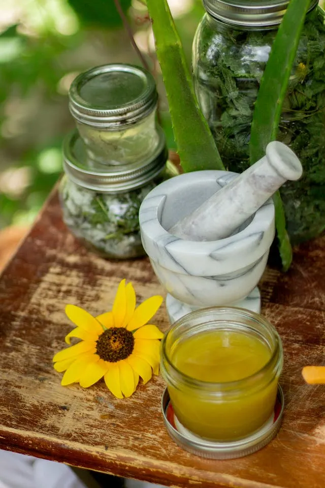 Natural Ayurvedic herbal remedies with a marble mortar and pestle, aloe vera, and healing oils for digestive wellness.