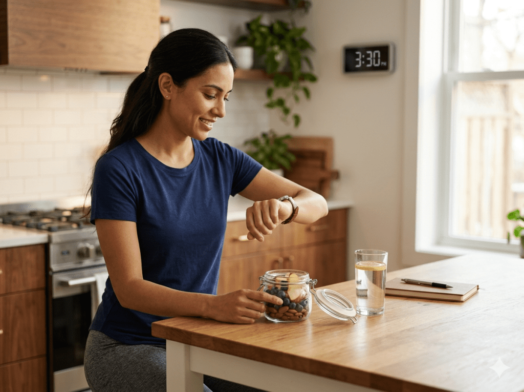 A woman mindfully eating during an intermittent fasting window — Ayurvedic approach to natural weight balance